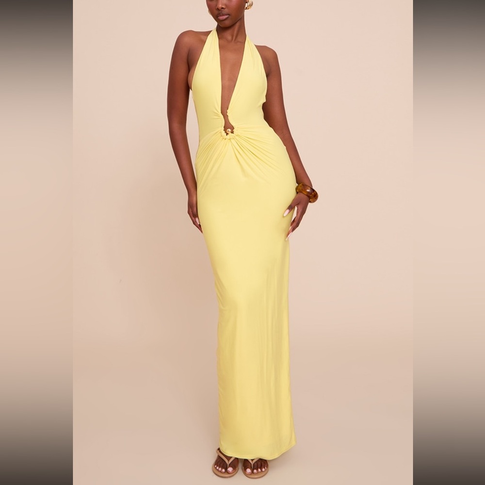 PrettyLittleThing Yellow Backless Halter Dress